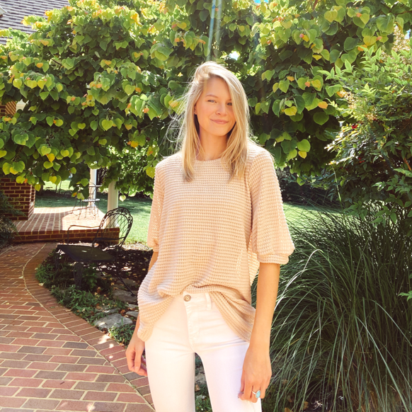 Popcorn Waffle Round Neck Top with Puff Sleeves