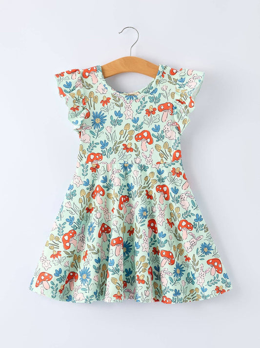 Easter Bunny and Mushroom Print Girls' Dress