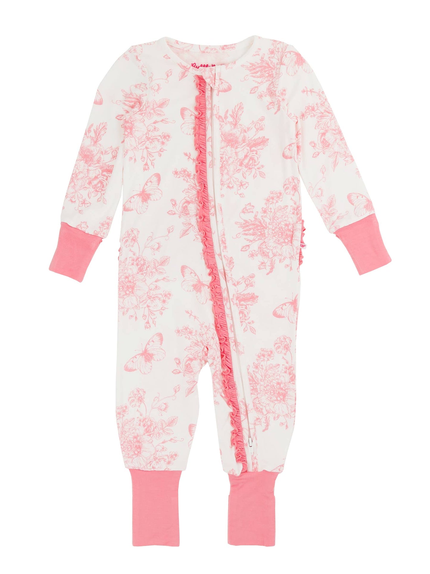 Pink Butterfly Garden Toile Bamboo Viscose Convertible Ruffle One Piece Pajama