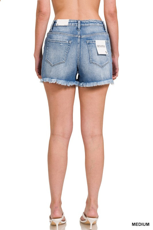 Mid Rise Raw Frayed Hem Denim Shorts