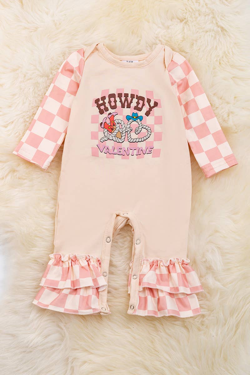 "HOWDY VALENTINE" CHECKER PRINTED BABY ROMPER.