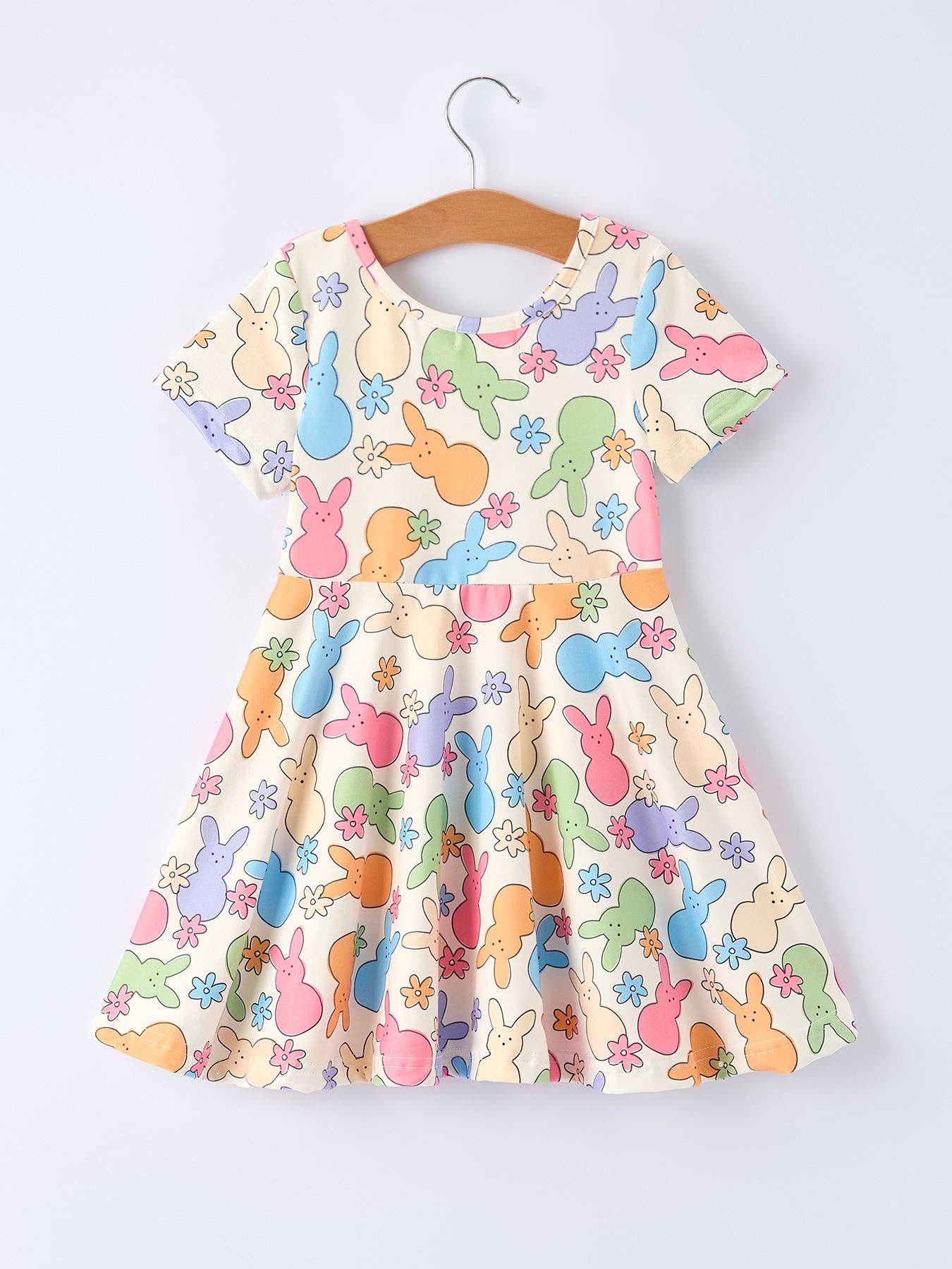 Easter Colorful Bunny Girls Twirl Short-sleeved Dress