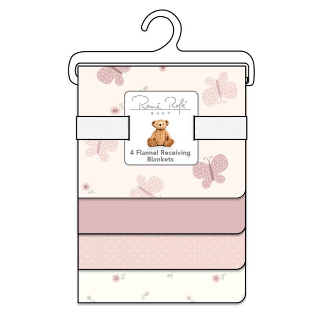 100% Cotton Rene Rofe 4-Pack Flannel Receiving Baby Blankets