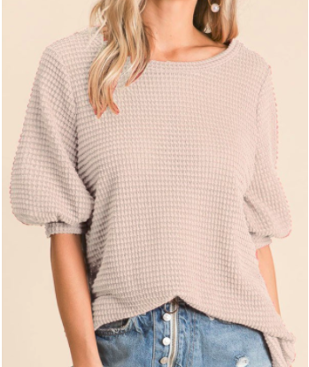 Popcorn Waffle Round Neck Top with Puff Sleeves
